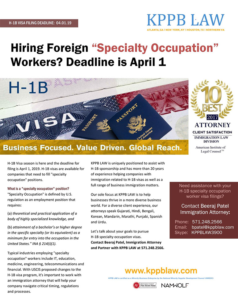 H-1B Visa — Hiring Foreign Specialty Workers — Deadline is April 1