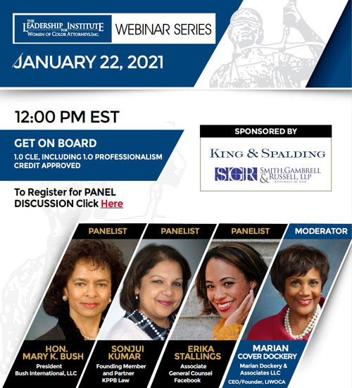 the leadership panel for the "Get On Board" webinar hosted by The Leadership Institute for Women of Color Attorneys
